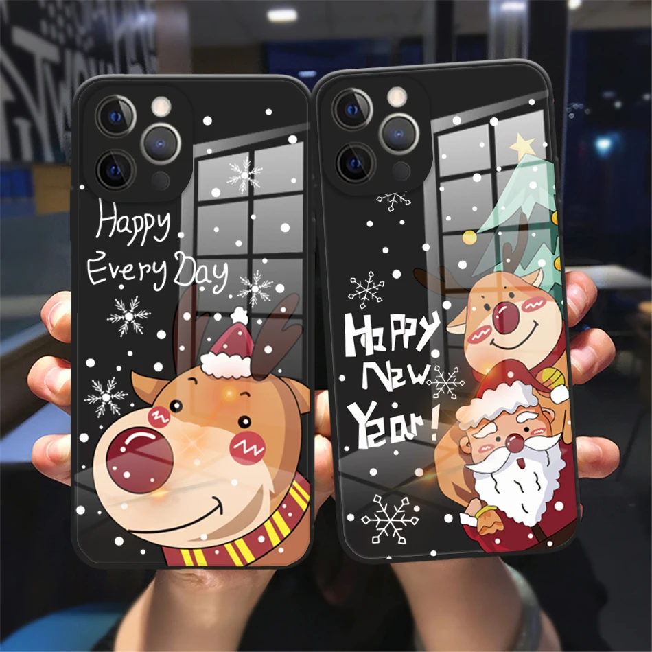 

2023 New Year Christmas Santa Claus Elk Phone Cover For iPhone 11 12 13 14 Pro Max X XR XSMax 14Plus Black Tempered bumper Case