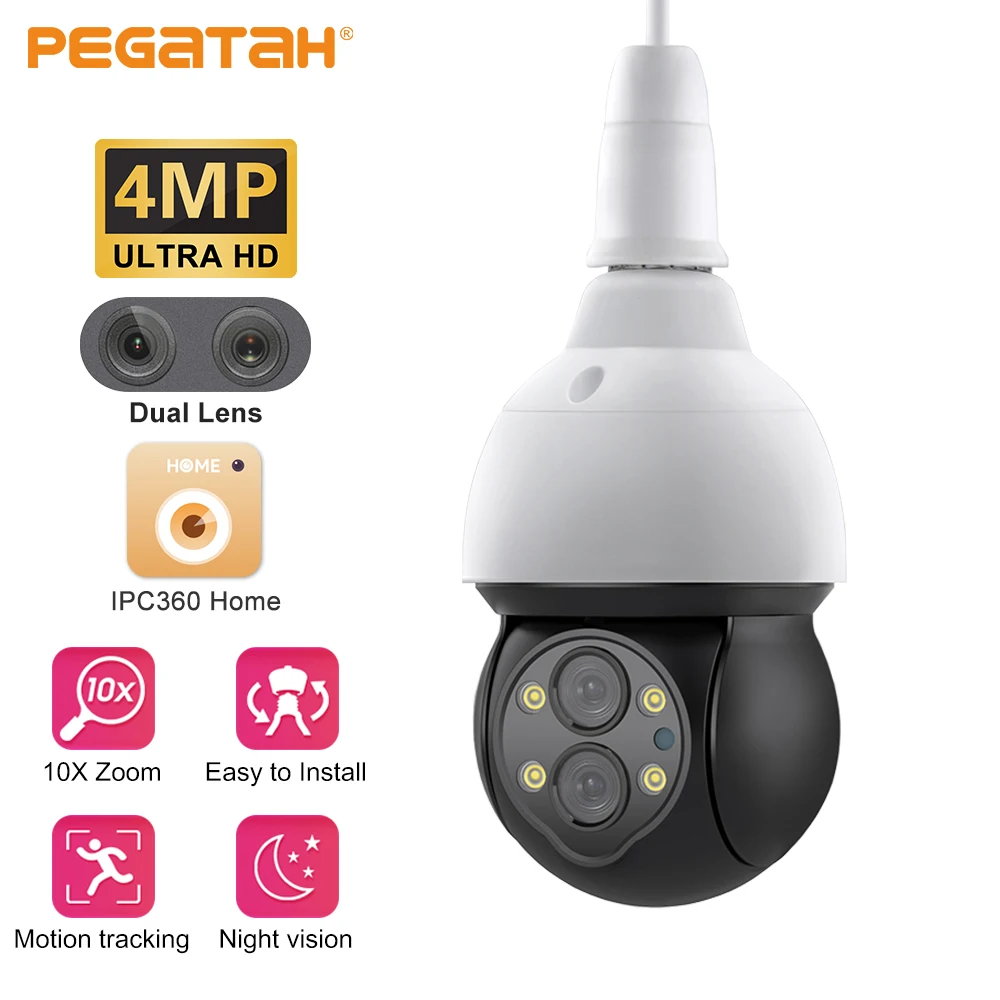 

PEGATAH 4MP PTZ WiFi Camera 10X Zoom Dual Lens AI Auto Tracking Surveillance Cam Color Night Vision Two Way Audio E27 IP Camera