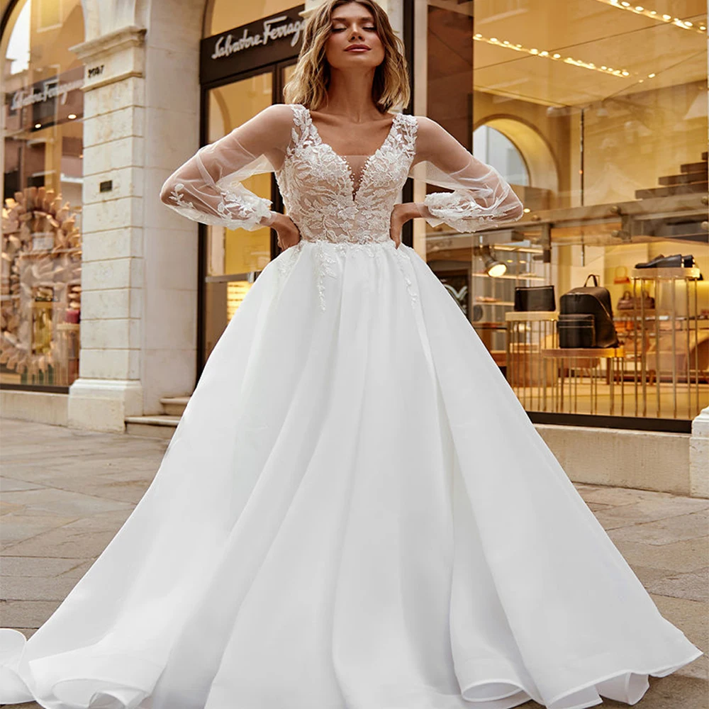 

Изысканные свадебные платья а-силуэта иллюзия назад дизайн красивая аппликация Длинные рукава элегантное красивое свадебное платье