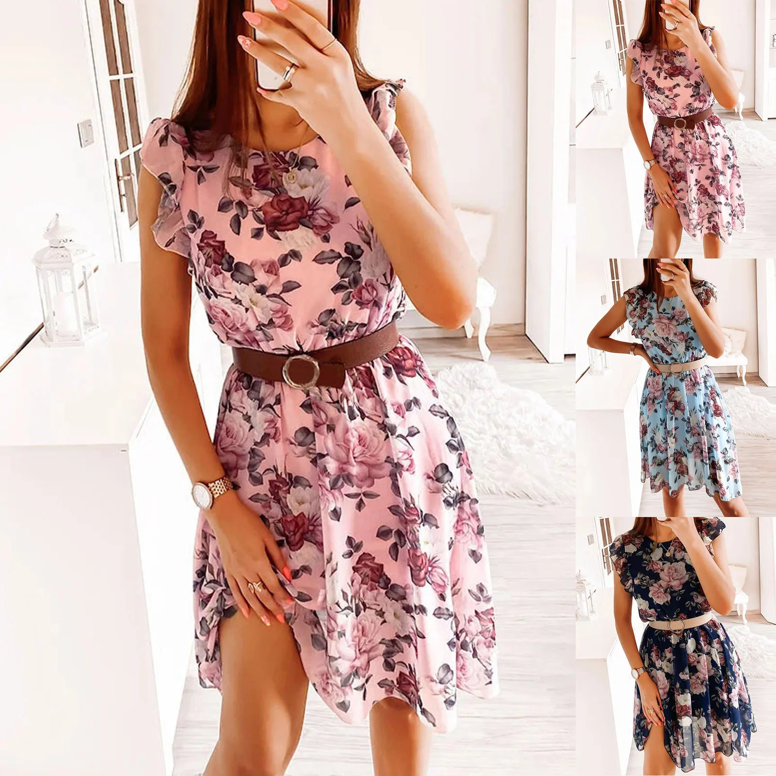 

Women Dresses Summer 2022 O Neck Floral Print Boho Beach Dress Ruffle Short Sleeve A Line Mini Dress Wrap Sundress Robe Female