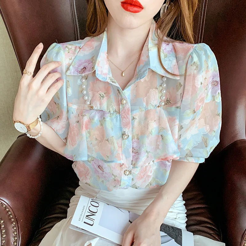

New Design with Ruffle Stitching Pearl Chain Short Sleeve Top Blusas Clothes for Women Shirts Blouse