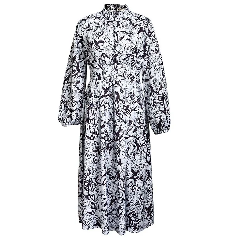 Spring Summer Stand Collar Letter Printing A-line Skirt Fashion Plus Size Puff Long Sleeve Mid Waist Loose Ankle-Length Dresses
