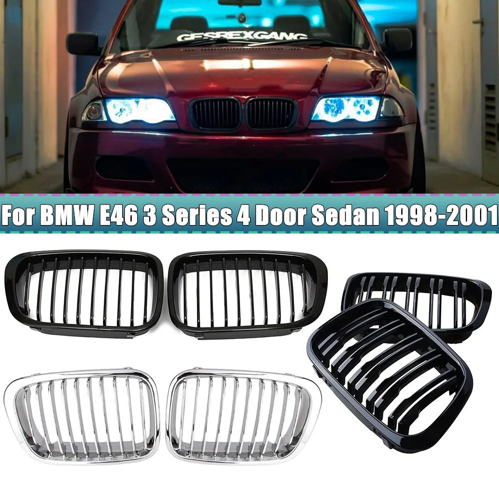 

Передняя решетка для радиатора, двойная решетка для гонок, хромированная глянцевая черная решетка для BMW E46, 4 двери, седан, 1998, 1999, 2000, 2001, сменная деталь