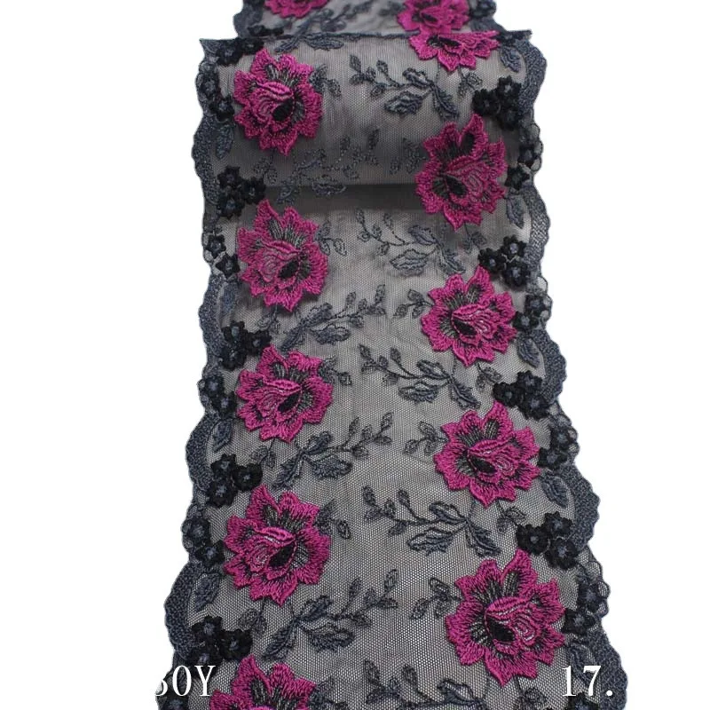 14 ярдов, розово-красная Цветочная вышитая кружевная отделка, черная сетчатая кружевная одежда, аксессуары, нижнее белье, бюстгальтер, нижнее белье, Кукольное платье для шитья