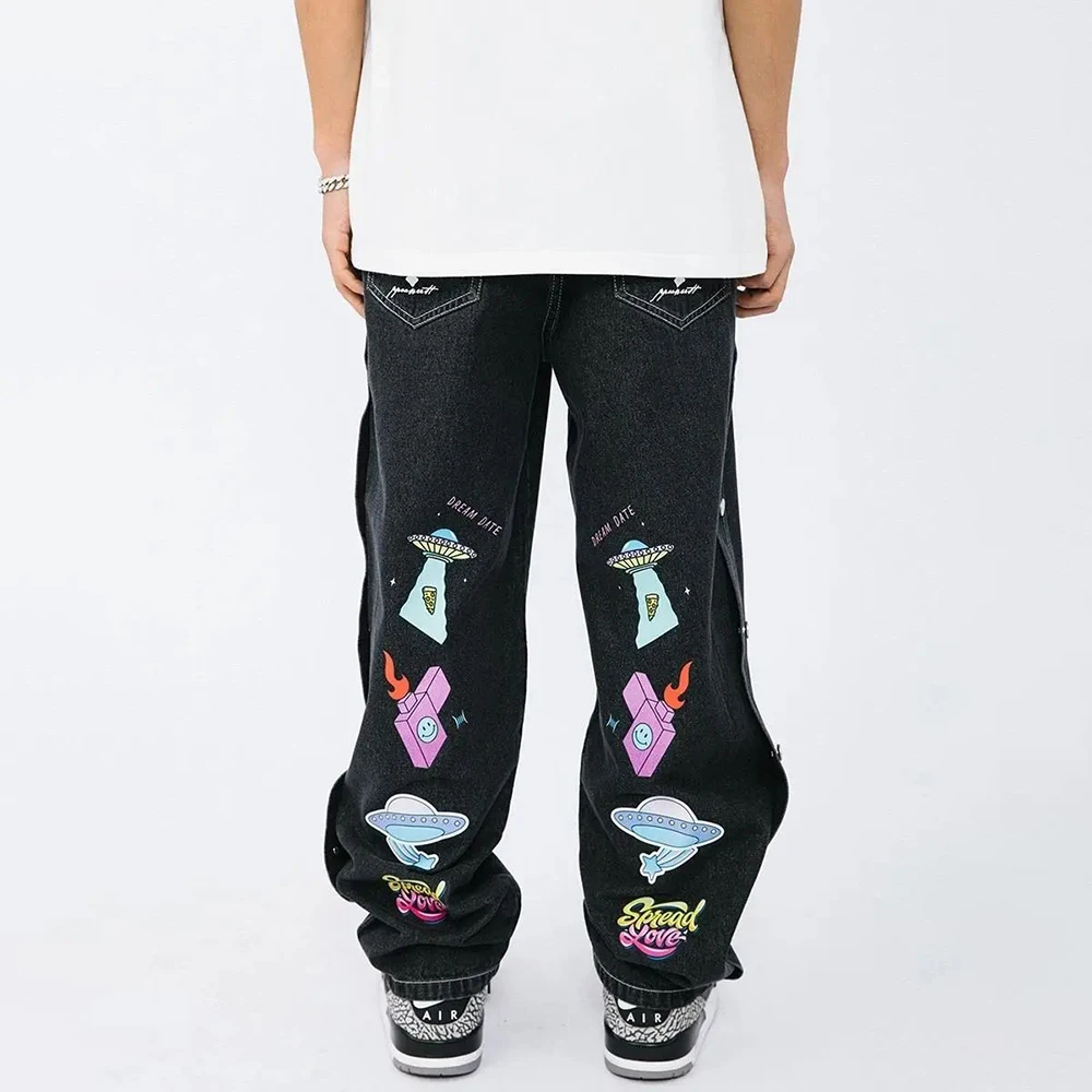 Men Black Denim Pants Fashion Trousers Oversize Cartoon Graffiti Loose Wide Leg Pant Cargo Jeans Streetwear Hip Hop Punk