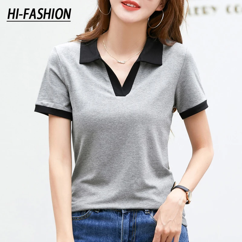 

HI-FASHION Patchwork T Shirts for Women Cotton 2022 Summer Turn Down Collar Y2k Korean Za Woman Short Sleeve Casual Tops Tees