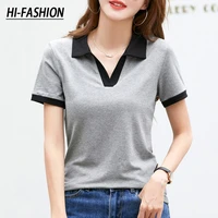 hi fashion patchwork t shirts for women cotton 2022 summer turn down collar y2k korean za woman short sleeve casual tops tees