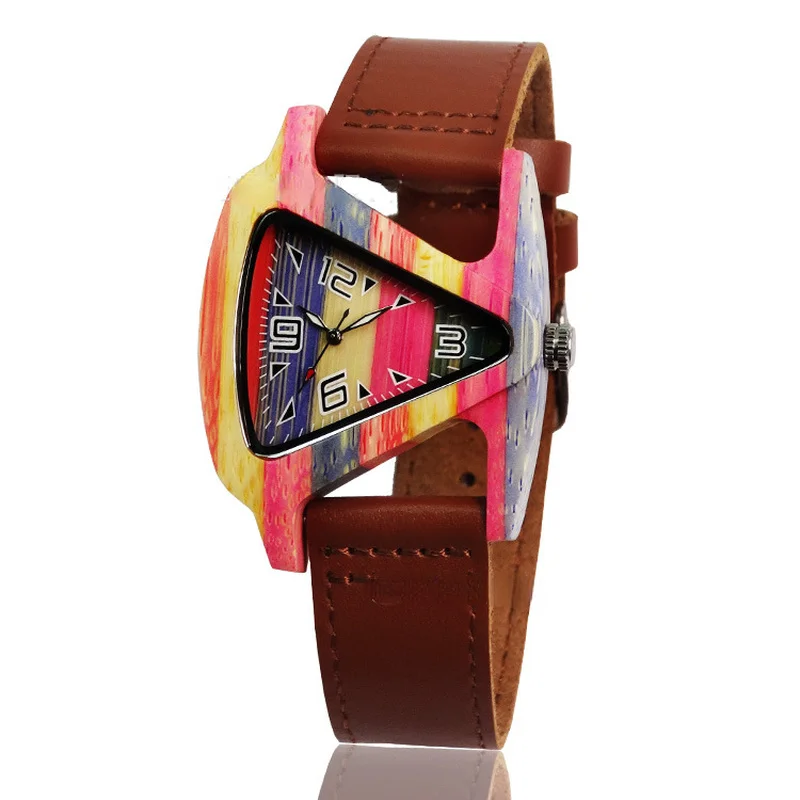 Enlarge Men's And Women's Creative Colorful Triangle Watch Electronic Quartz Crazy Horse Leather Strap Wooden Luxury Men's Watch