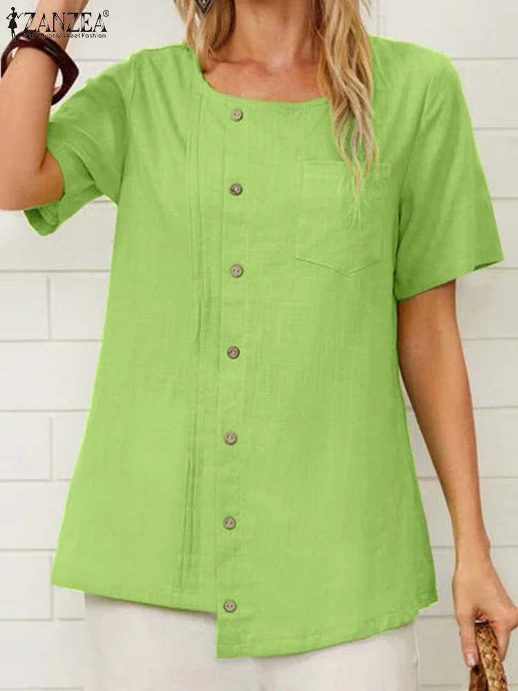 

ZANZEA O-Neck Short Sleeve Fake Button Irregular Hem Shirt Women Summer Solid Blouse Female Fashion Casual Oversize Holiday Tops
