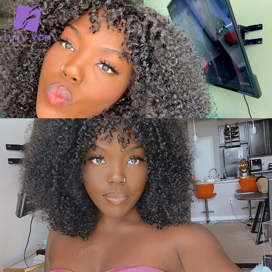 

Afro Kinky Curly Wig With Bangs Full Machine Made O Scalp Top Wig 200 Density Remy Brazilian Short Curly Human Hair Wigs