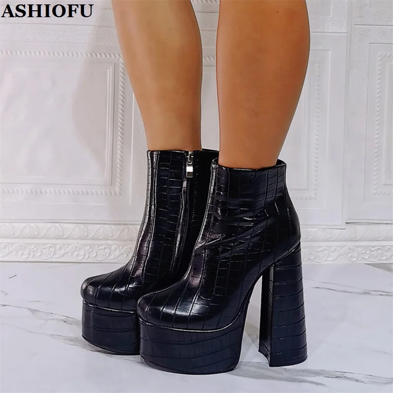 

Женские ботильоны ручной работы ASHIOFU на толстом каблуке, черные ботинки из искусственной кожи на платформе, вечерняя модная обувь для выпускного вечера
