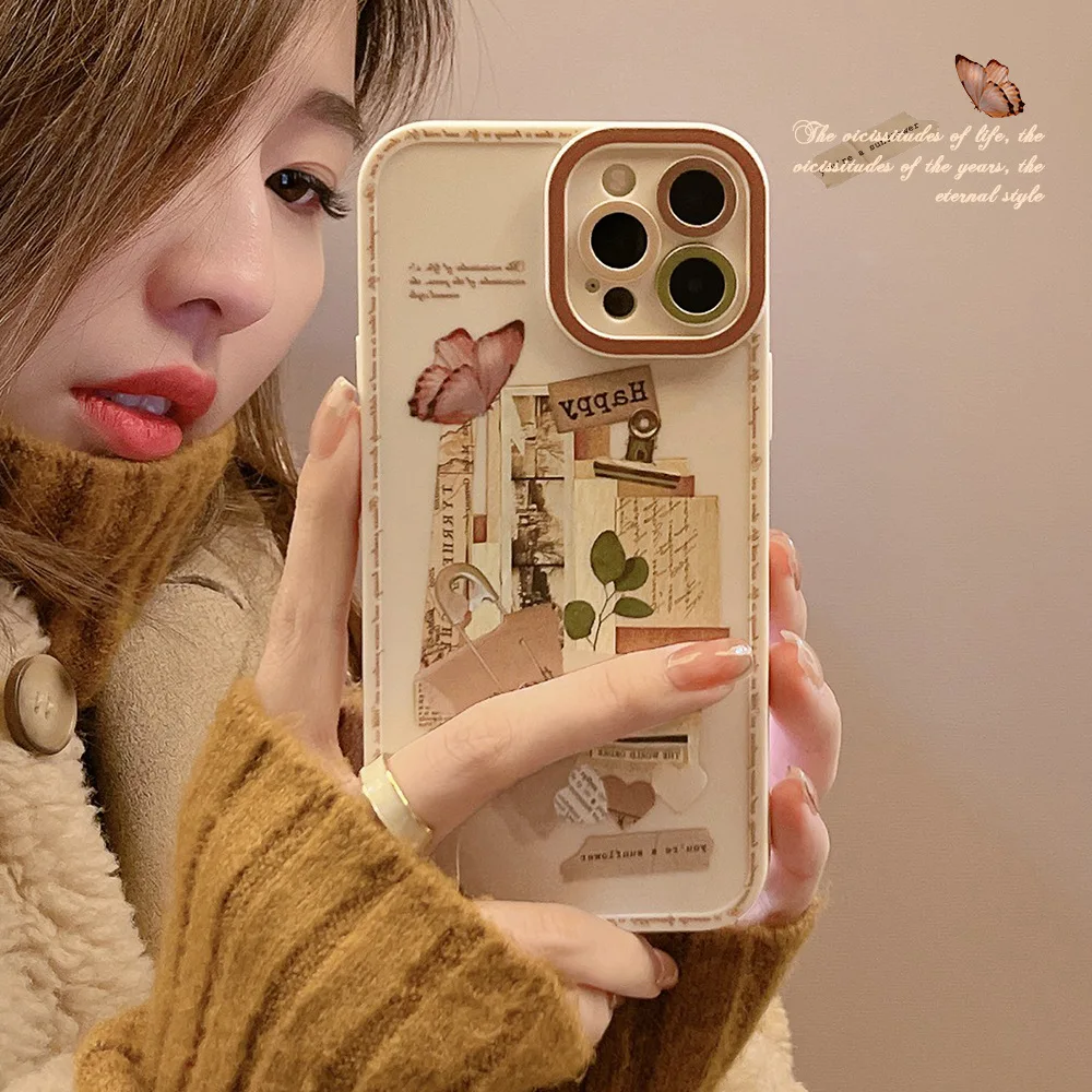 Retro Butterfly Label Phone Case for Iphone X Xr 12 Mini 13 11 14 Pro Max Xs Max 8 7 Plus Soft Silicone Shockproof Back Cover