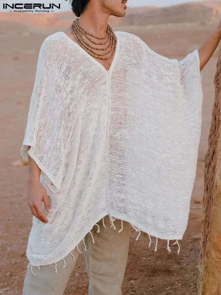 

Футболка INCERUN мужская с V-образным вырезом, однотонная Свободная рубашка с рукавом до локтя, прозрачная уличная одежда, для отдыха, 2022