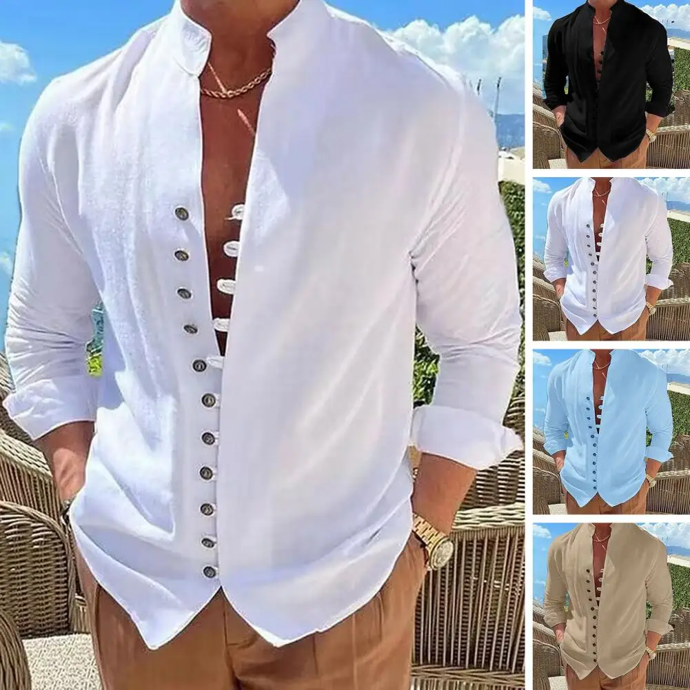 

Men Shirt Breathable Cardigan Shirt Buttons Placket Pure Color Thin Style Men Shirt Daily Garment