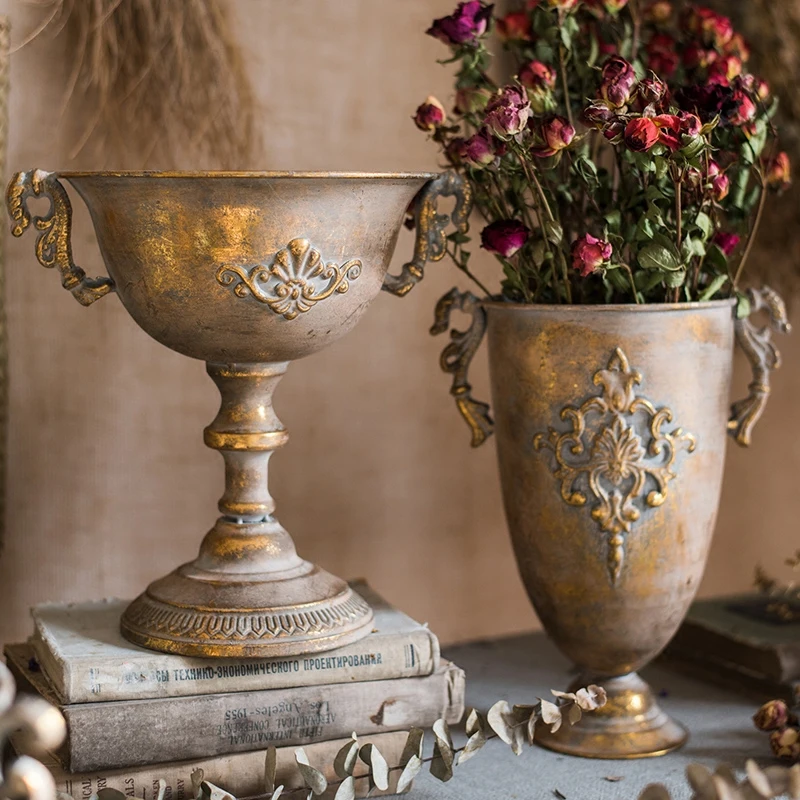

Vintage Hand Made Classic Gold Flower Vase Pedestal Silver European Style Metal Goblet Flowerpot Home Decor