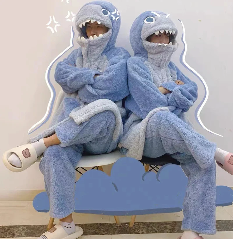 Winter Warm Pajamas Set Hooded Shark Cosplay Nightgown Women Loungewear Cute Animal Fleece Sleepwear Flannel Home Suit Nightwear