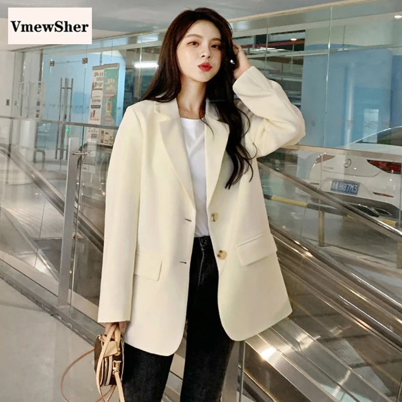 

VmewSher New Beige Casual Blazer Jacket Women 2021 Spring Office Lady Black Blazers Female Work Suit Coat Ladies Slim Outerwear