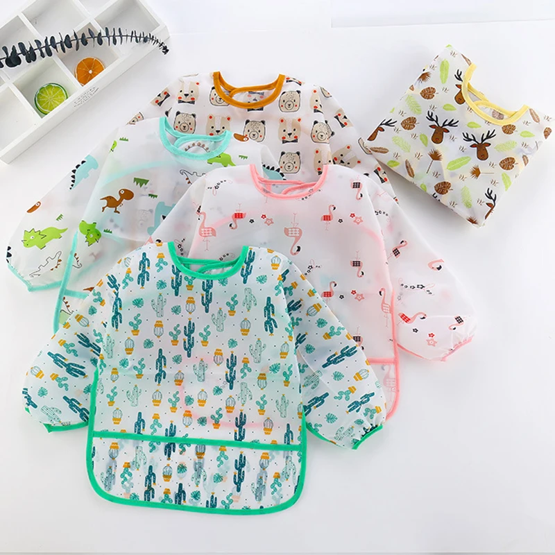 

5 Styles Newest Arrival Baby Kids Bibs Toddler Long Sleeve Waterproof Art Smock Feeding Bib Apron Pocket Fit 0-3 Years Baby Bibs