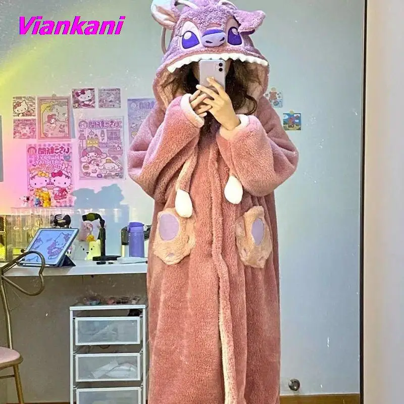 Cute Home Clothes Women Men Pajamas Plush Soft Nightgown Robes Y2k Thick Pajamas Fashion Long Coat Cartoon Flannel Bathrobe