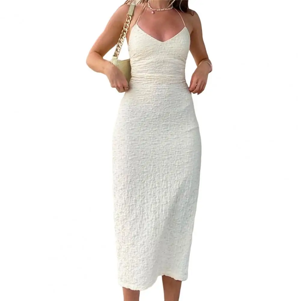 Midi Dress Hidden Zipper Mid-Rise Low Collar Body-Shaping Halter Club Long Dress Women Dress Female Clothing
