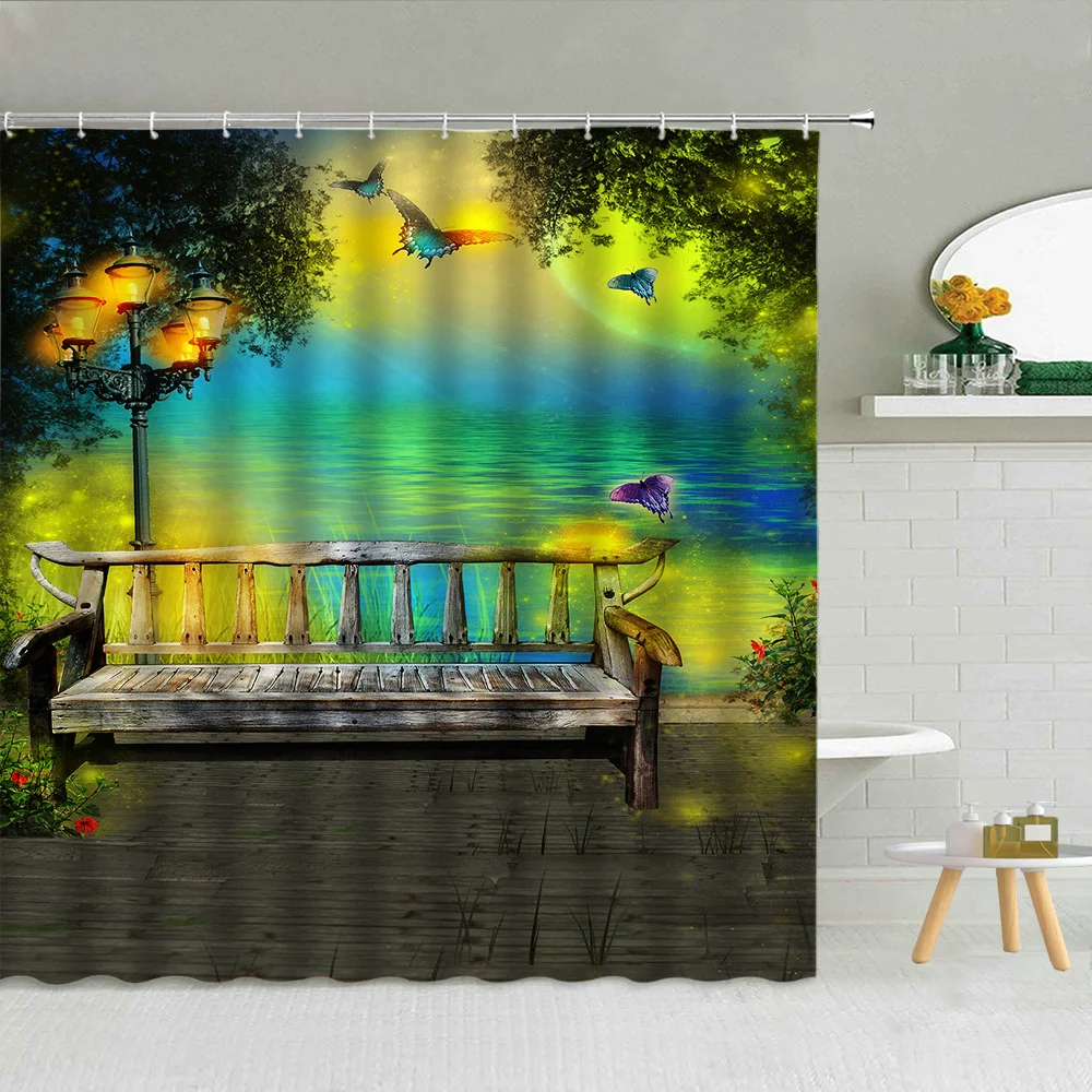 

Shower Curtains Lotus Flower Green Plant Leaves Lake Summer Landscape Bathroom Decor Waterproof Curtain Set Park Garden Scenery