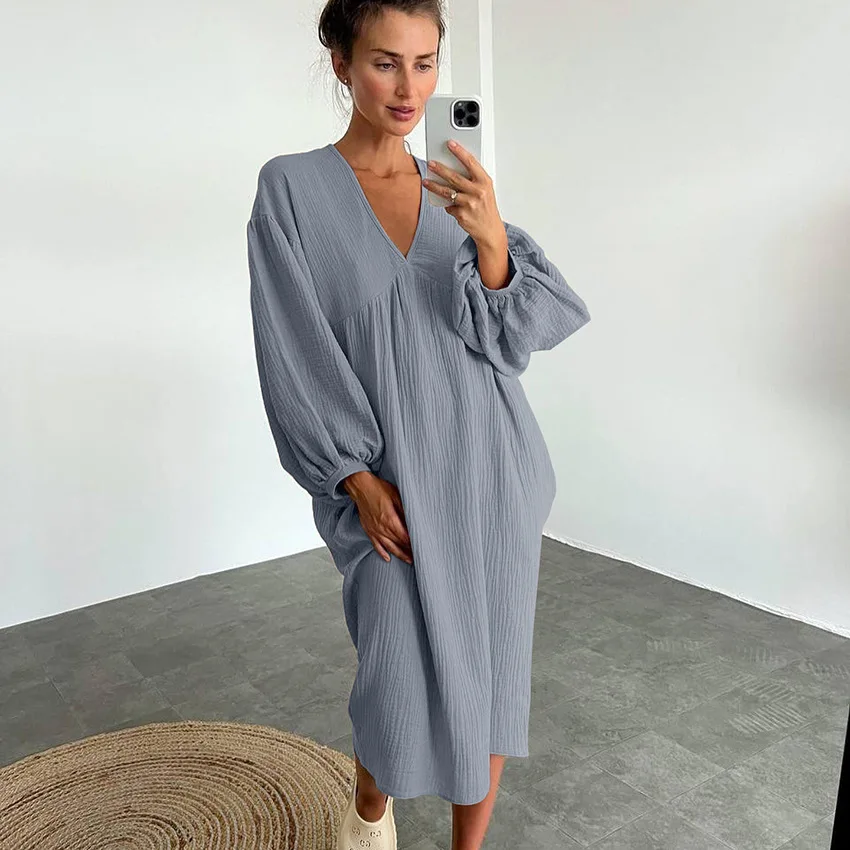 BKQU Lantern Sleeve Night Dress Women Loose V Neck Sleepwear 2023 Autumn Cotton Casual Pajamas Solid Elegant Fashion