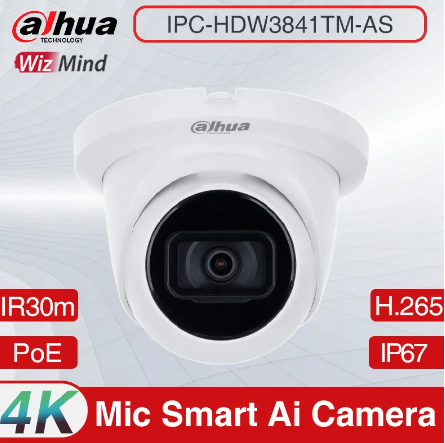 

Dahua IPC-HDW3841TM-AS 8MP IR Fixed focal Eyeball WizSense Network Camera POE Built in MiC & SD Card Slot IP67 IR 30M AI Camera