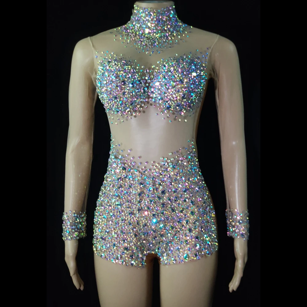 Luxurious AB Rhinestones Leotard Sexy See Through Crystal Dance Costume Women Nightclub Party Birthday Outfit Show Stage Wear