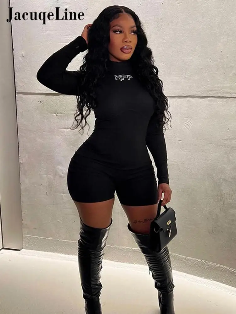 

Jacuqeline Embroidery Letter Sexy Bodycon Playsuits Women 2023 Spring Zip Long Sleeve Slim Short Rompers Fashion Casual Sports