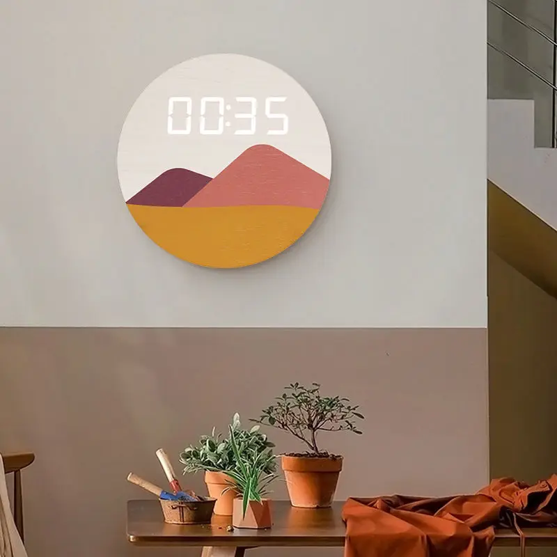 

Round Wooden LED Digital Wall Clock Living Room Modern Simple Art Decoration Creative Round Electronic Clock Desktop Accessories