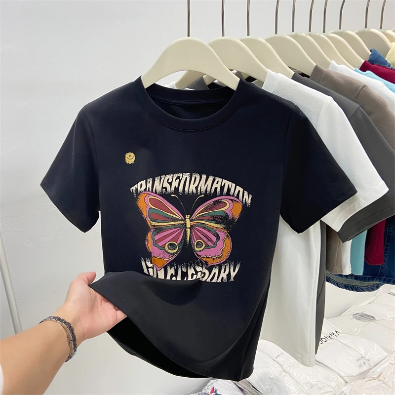 Футболка женская с коротким рукавом и круглым вырезом базовый топ принтом