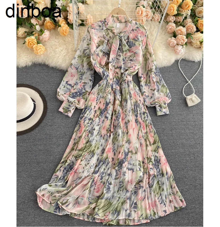 

Dinboa-2023 Wholesale Spring Fall Women Long Sleeve Printing Maxi Casual Pleats Dresses for Ladies