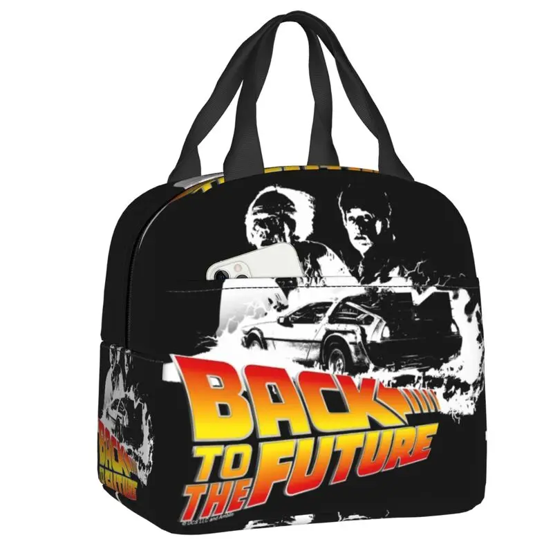 Back To The Future Film Insulated Lunch Bag DeLorean Fire Tracks Marty And Doc Stencil Thermal Cooler Lunch Box Women Children