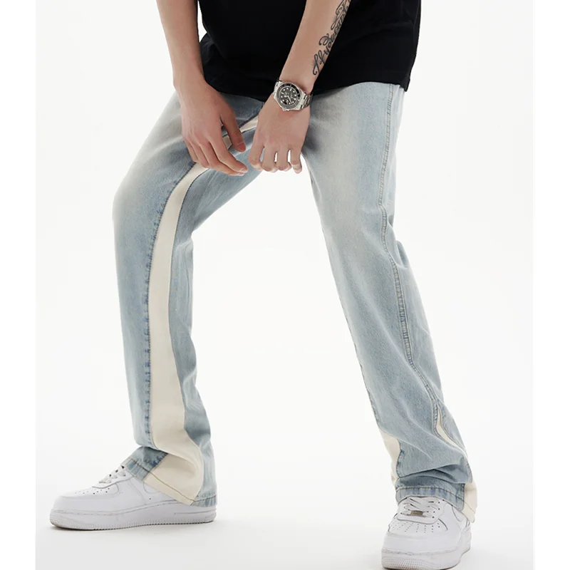 Streetwear Men 2022 Fashion New Pattern Vintage Splicing Recreational Blue Jeans Loose Straight Cylinder Trousers Autumn Female