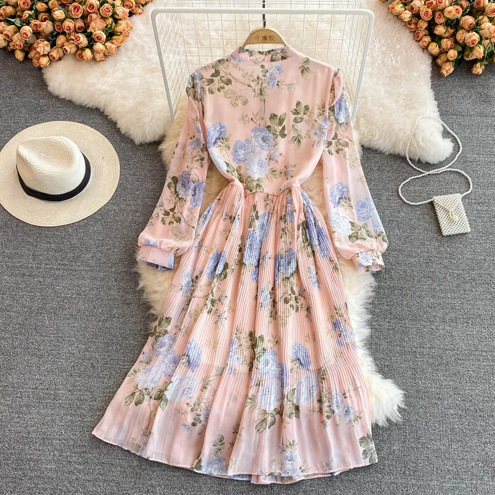 

YIZZHOY Spring Autumn Women Stand Collar Floral Chiffon Pleated Dress Female Fashion Long Sleeve Casual Waist Closing Dresses