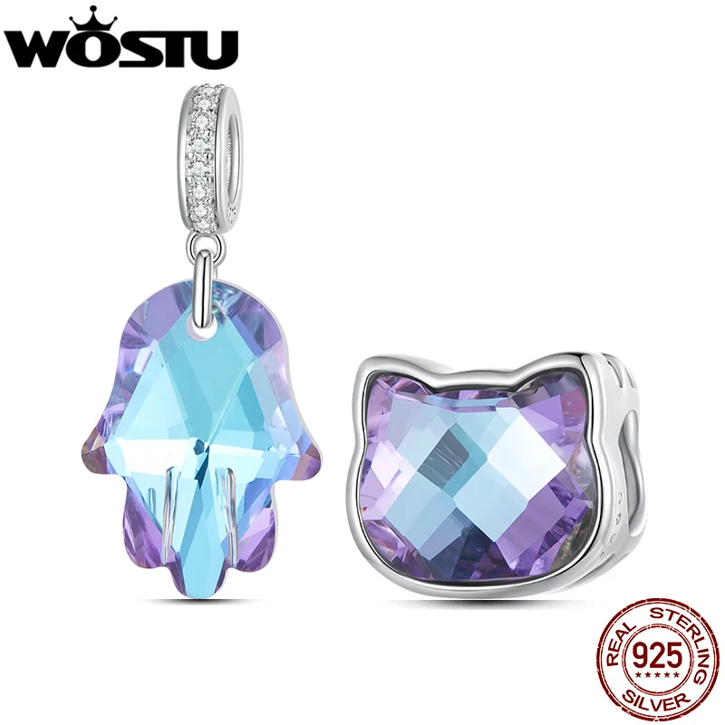 

WOSTU 925 Sterling Silver Fatima of Hand Hamsa Charm Rainbow Crystal Cute Cat Bead Fit Bracelet DIY Necklace Jewelry Making Gift