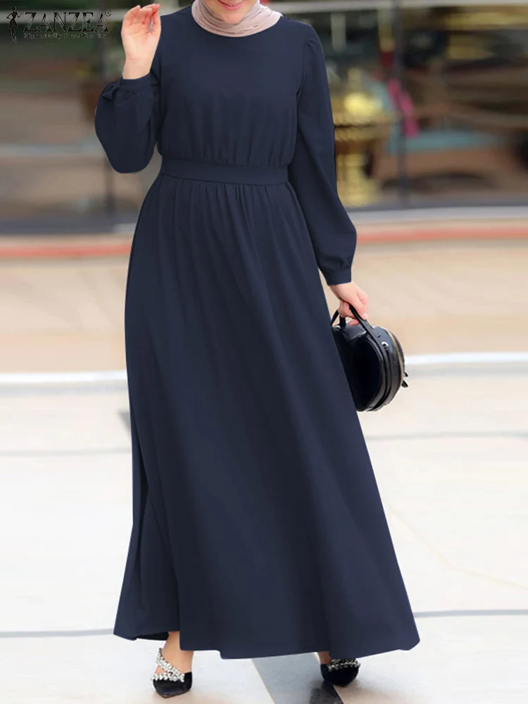 Платье ZANZEA женское ТРАПЕЦИЕВИДНОЕ, повседневный однотонный элегантный длинный сарафан в мусульманском стиле, с круглым вырезом, винтажная ...