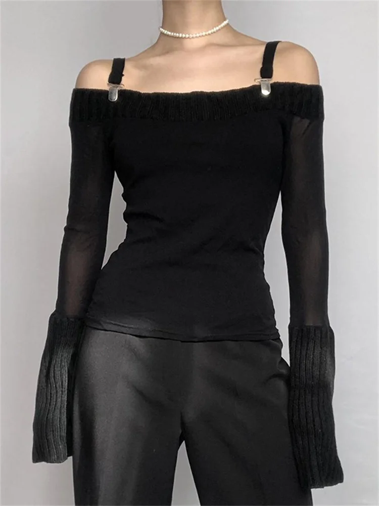 

CHRONSTYLE ретро черные футболки с открытыми плечами Женские повседневные топы Осенние с длинным рукавом вырез лодочкой ремешок пряжки притале...