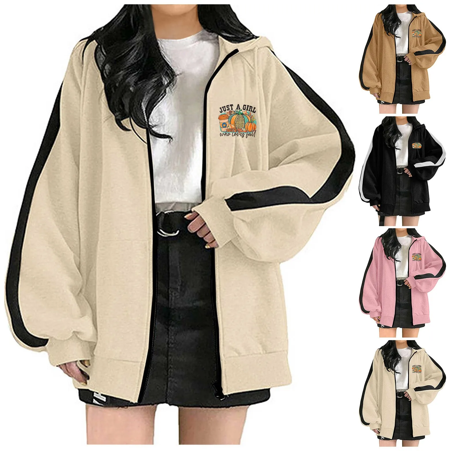 

(Just A Girl Who Loves Fall) Women'S Solid Color Patchwork Pumpkin Small Print Open Chest Hooded Zippered Sweater Ropa Mujer