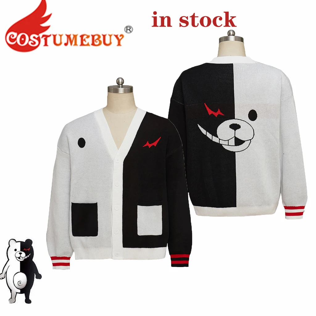 Monokuma Cosplay Sweater Black and White Bear Hoodie Cardigan Unisex Knitted Jacket Adult Women Men Warm Coat for Halloween