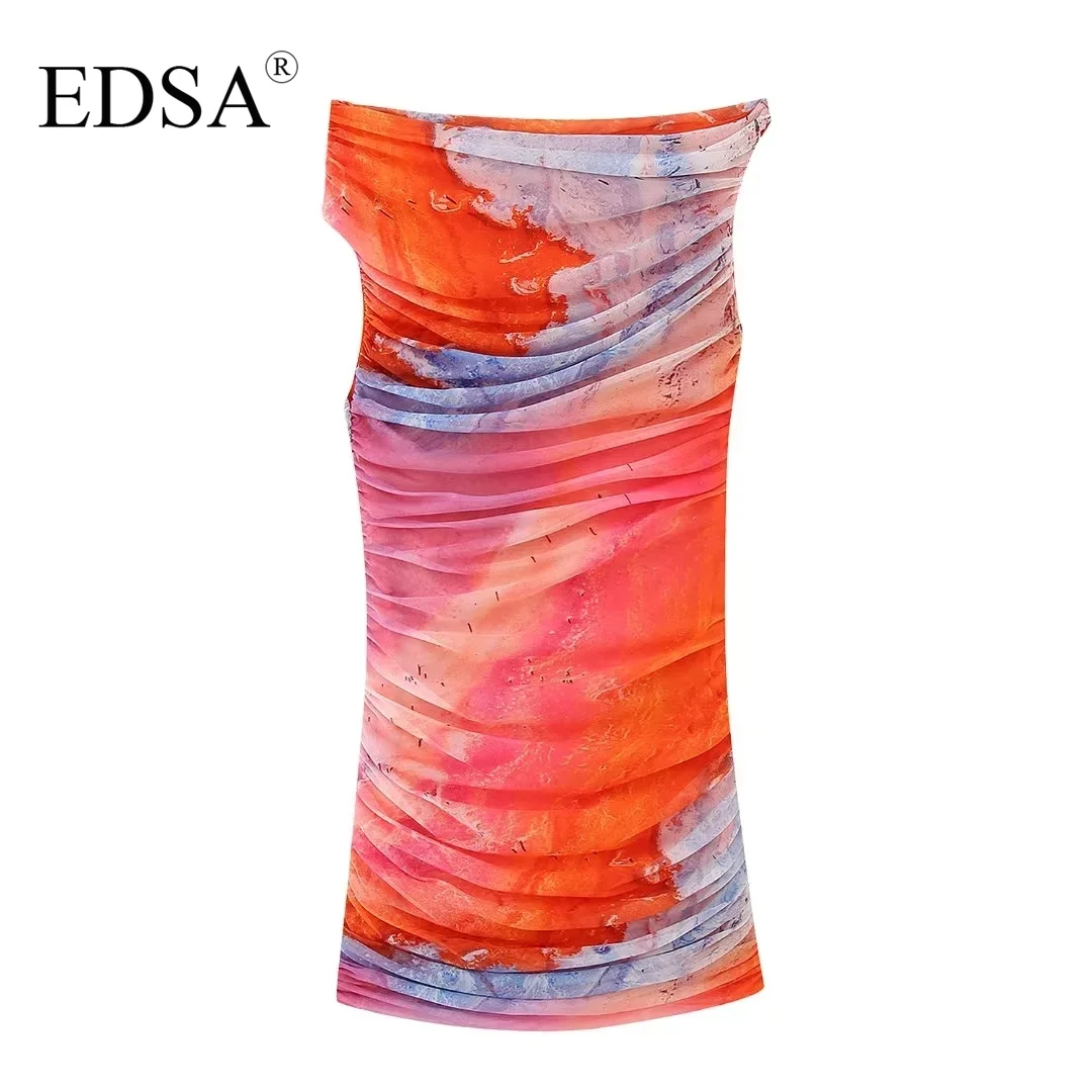 

EDSA Women Fashion Printed Tulle Mini Dress Cowl Neckline Draped Fabric Contrast Lining Beach Style Dresses
