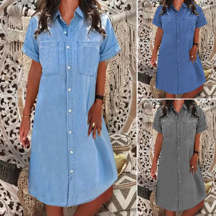 

2023 New Pocket Solid Denim Dress Casual Dress