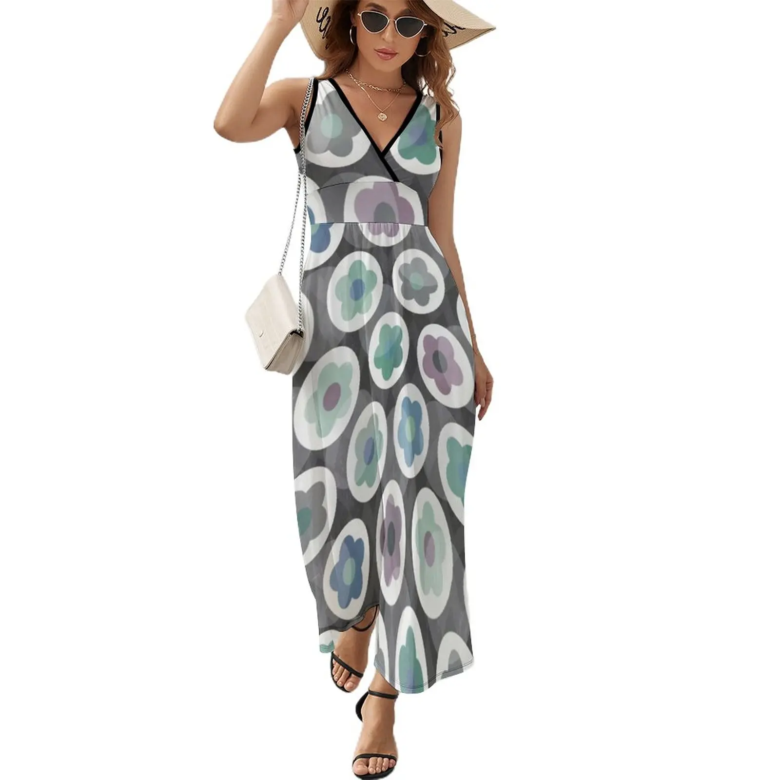 

Платье-макси в скандинавском стиле, длинное пляжное вечернее платье без рукавов, с рисунком маргаритки, морской маргаритки, с V-образным выр...