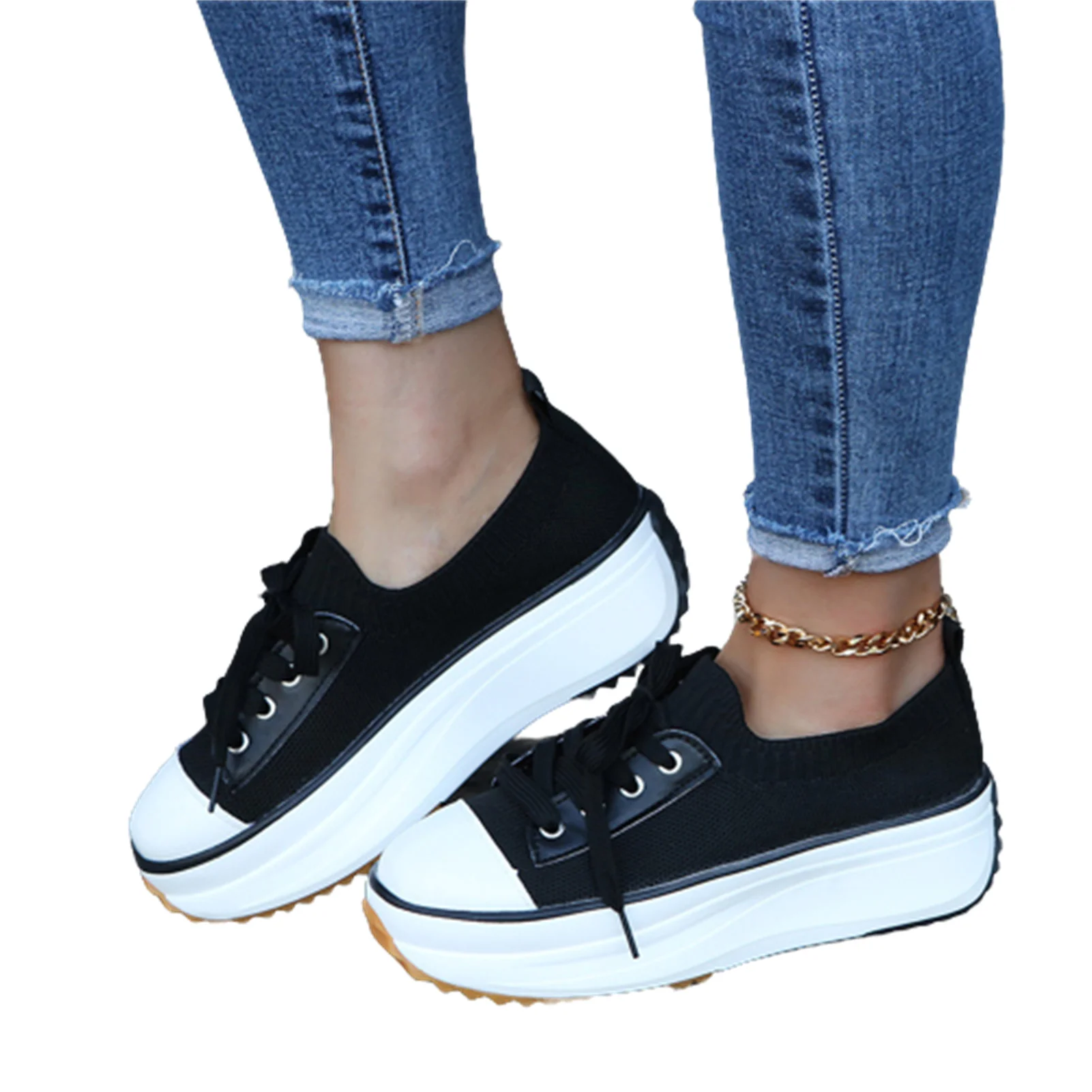 

Весенние женские кроссовки; Обувь на платформе для женщин; Сезон осень; Дышащая трикотажная Обувь На Шнуровке; Повседневная нескользящая об...