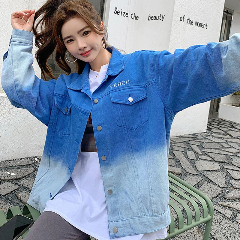 

Harajuku Vintage Letter Embroidery Gradient Denim Coat Green Blue Casual Loose Women short Lapel Long Sleeve Autumn Jeans Jacket