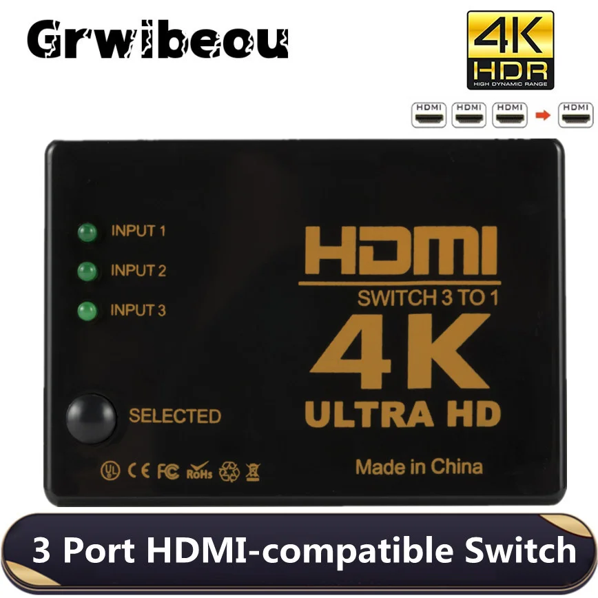 

Переключатель Grwibeou 3x1 4K HDMI, HD видео адаптер, 3 входа, 1 выход, HDMI разветвитель, концентратор для Xbox, PS4, DVD, HD ТВ, ПК, ноутбука, ТВ