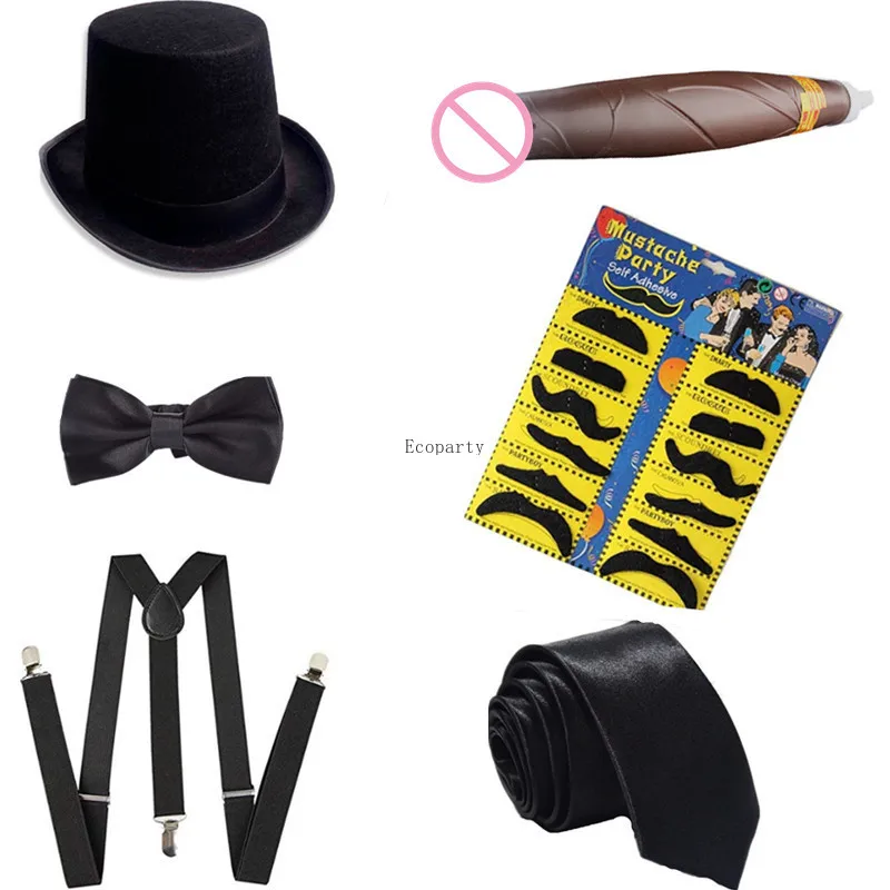 

1920s Mens Manhattan Fedora Hat Y-Back Suspenders Bowtie Gangster Tie Toy Cigarette Cosplay Party Accessory Set Gatsby Magic Hat