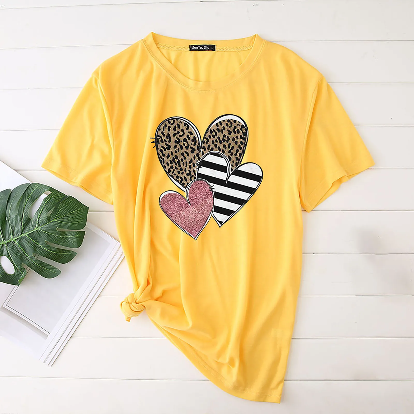 

Women O-neck Pullover Love Leopard Printing Short Sleeves T-shirt Tops Boy Girl Sock Loose Fitting Clothes for Women