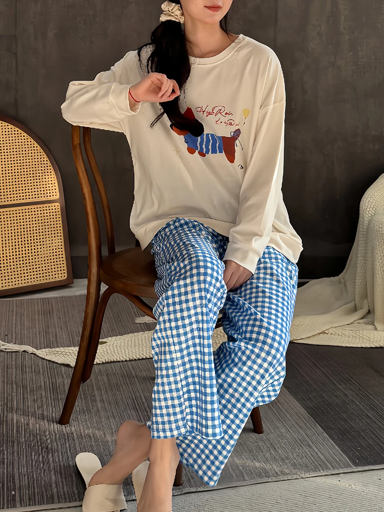 2024 New Japan fashion Pajamas Women Spring and Autumn Pure Cotton Puppy Long sleeve Plaid Pants Can Be Worn outside Homewear...