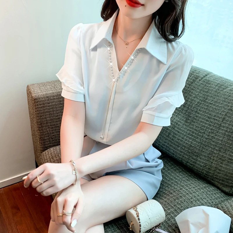 

Женская шифоновая рубашка с V-образным вырезом, с коротким рукавом